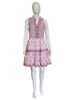 Oliphant Pink & White Printed Ruffle-Trim Sleeveless Mini Dress